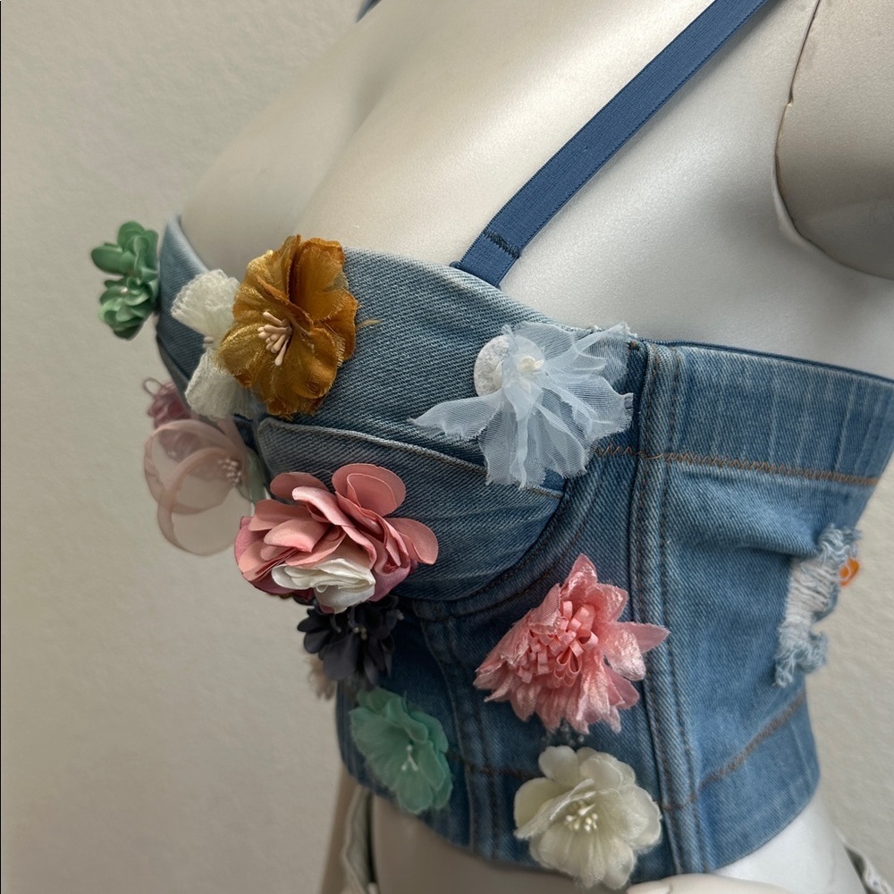 Vintage 90’s Denim Handmade Flowers Corset Camisole Top - Picture 4 of 6
